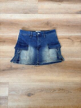 Denim Mini Skirt with Utility Pockets - Faded Blue
